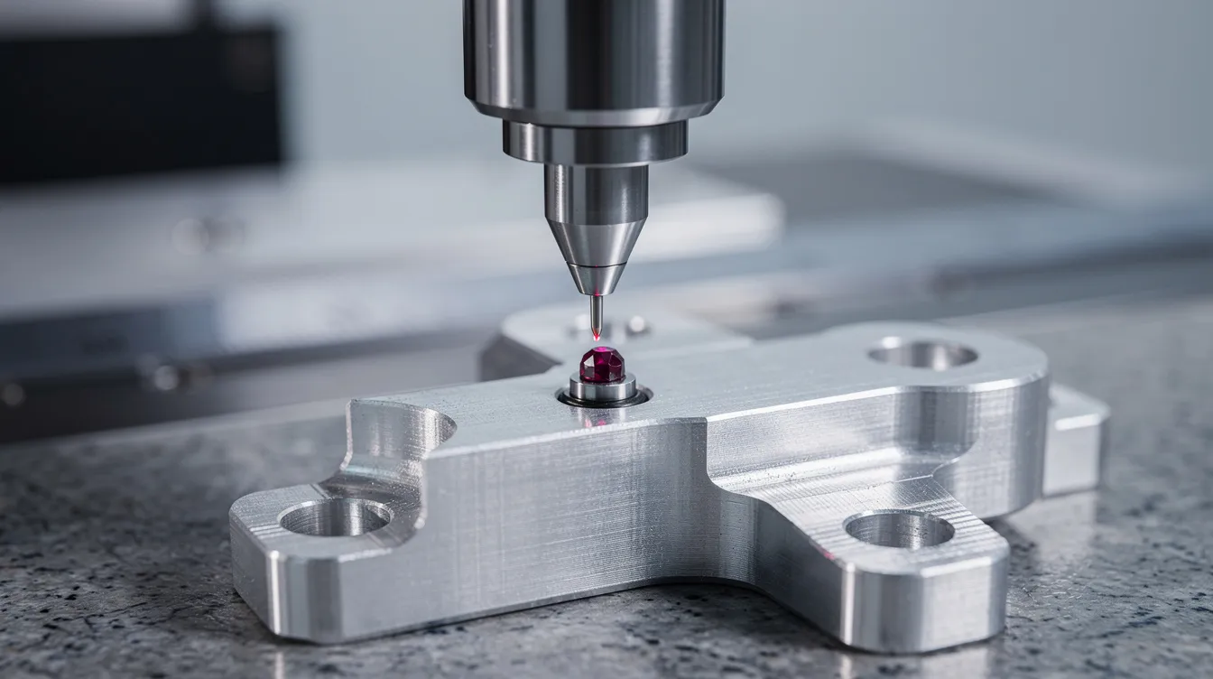A close-up image shows a coordinate measuring machine probe delicately touching a precision-machined aluminum aerospace bracket, highlighting the meticulous quality control and dimensional accuracy essential in precision metal fabrication. This process is crucial for ensuring that aerospace applications meet exacting standards and ISO certified quality management systems.