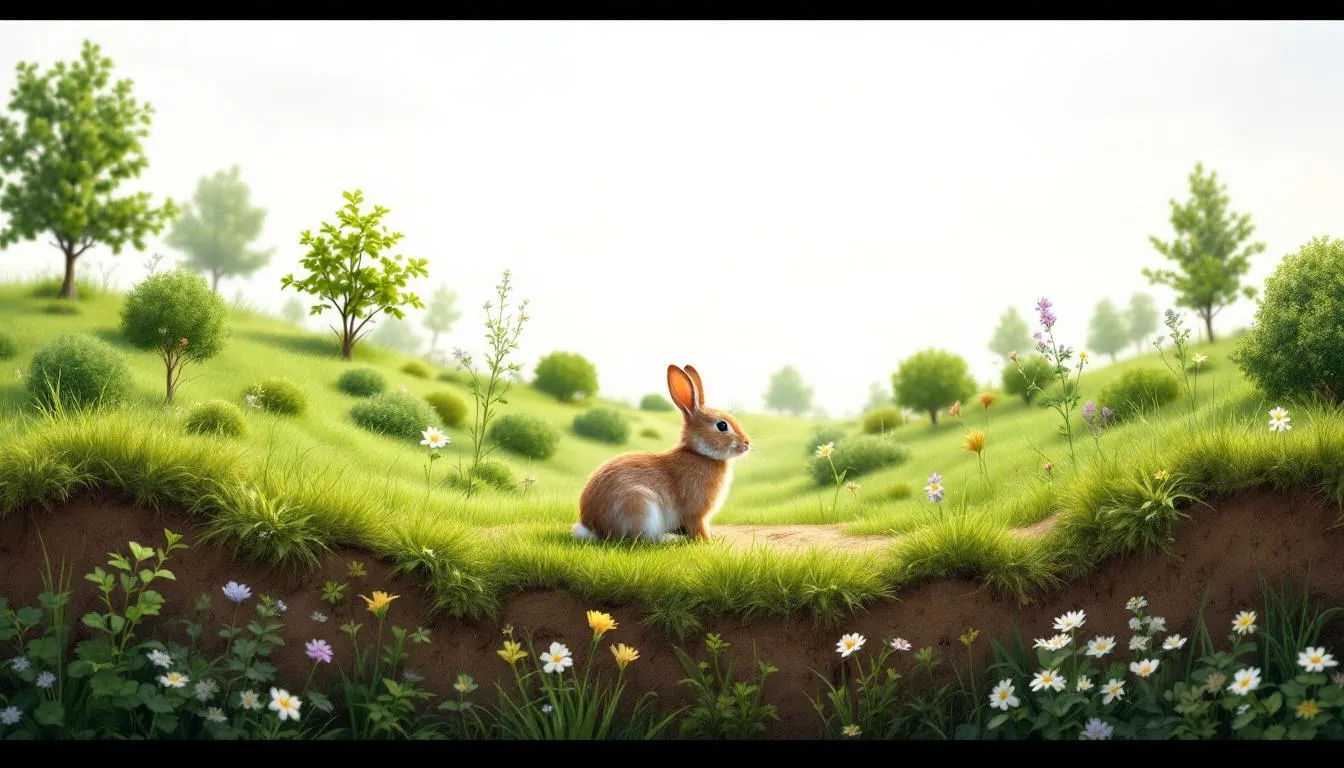 The image depicts various rabbit habitats, showcasing both wild rabbits and pet rabbits in their natural environments. You can see areas where domesticated rabbits thrive, as well as the burrows and grasslands that are typical for wild rabbits like the European rabbit, emphasizing the diversity of settings that support these small mammals.