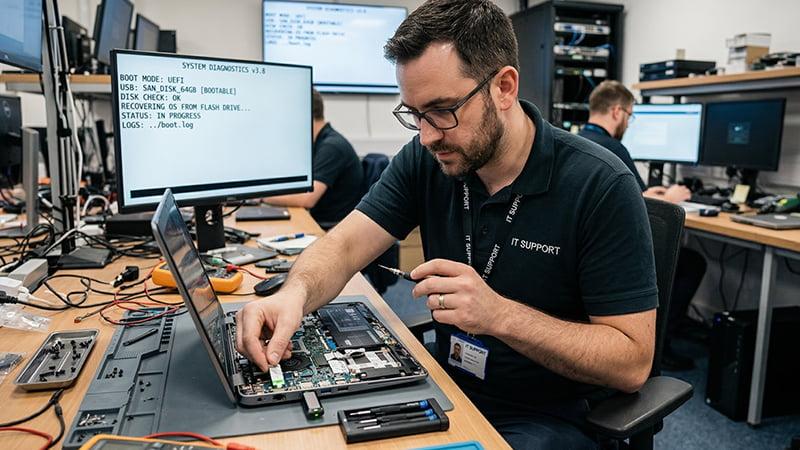A technician using a bootable USB thumb drive for system recovery