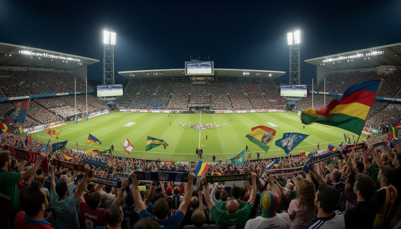 A panoramic view of a packed rugby stadium during a night match showcases enthusiastic fans waving flags and scarves, creating an electrifying atmosphere for the Six Nations Championship. The vibrant scene captures the excitement of the game as national teams compete, with the roar of the crowd echoing throughout the stadium.