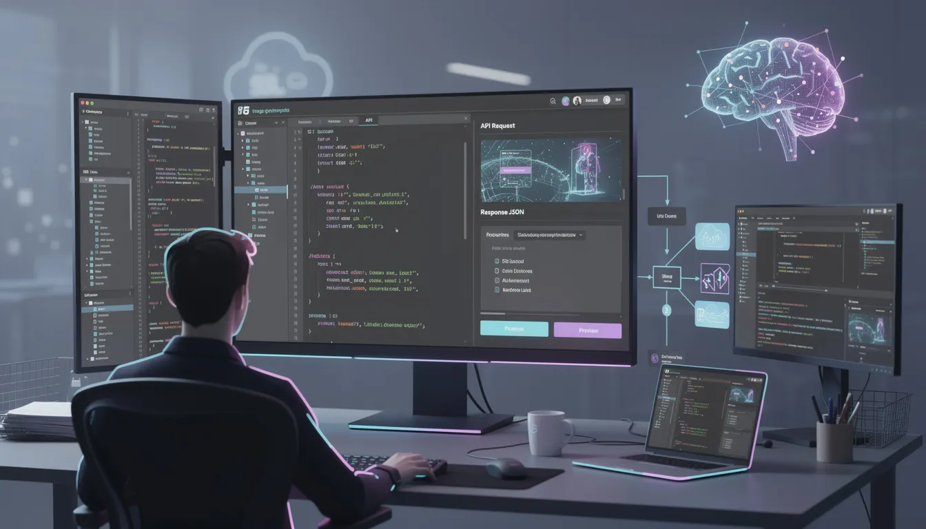 The image depicts a futuristic interface showcasing various web development services, highlighting top web development companies and their innovative digital solutions. It features elements related to artificial intelligence and mobile app development, illustrating the integration of advanced technologies in creating custom web applications for global clients.