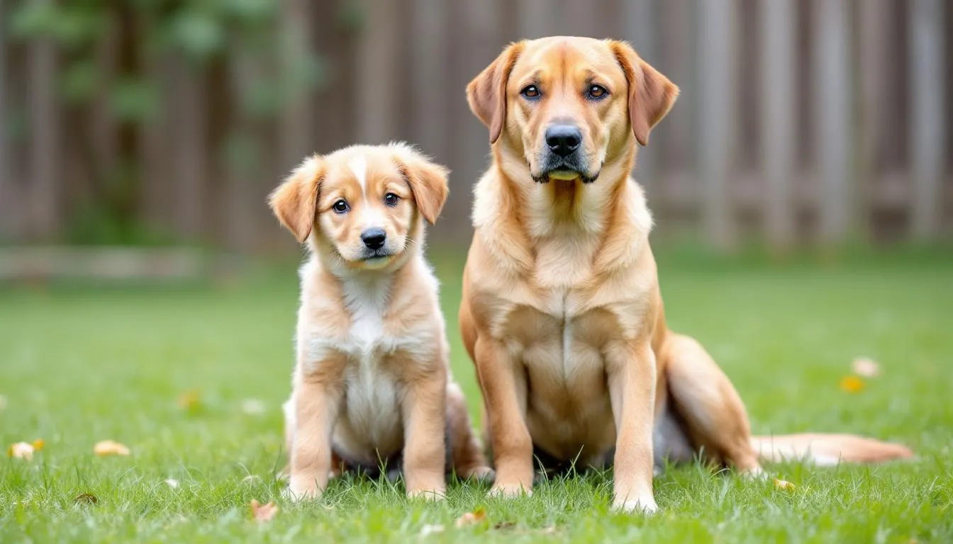 In the image, a young puppy and an adult dog sit side by side in a yard, showcasing the difference in size and maturity between the two. This comparison highlights the journey of dog training, from teaching puppies where to go potty to the established routines of older dogs.