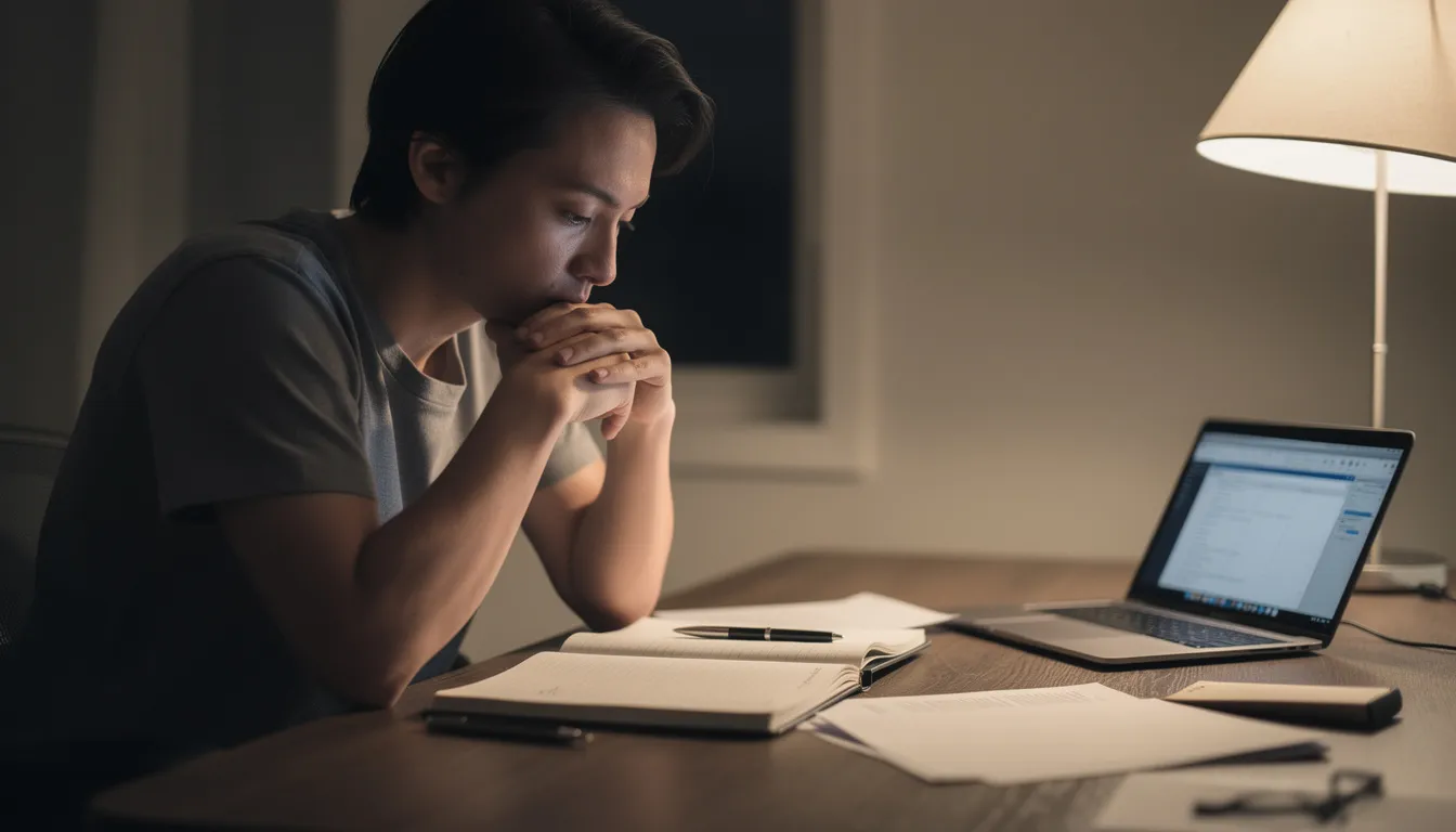 A person is sitting thoughtfully, deep in contemplation as they carefully weigh their decisions. The expression on their face reflects a mix of focus and consideration.