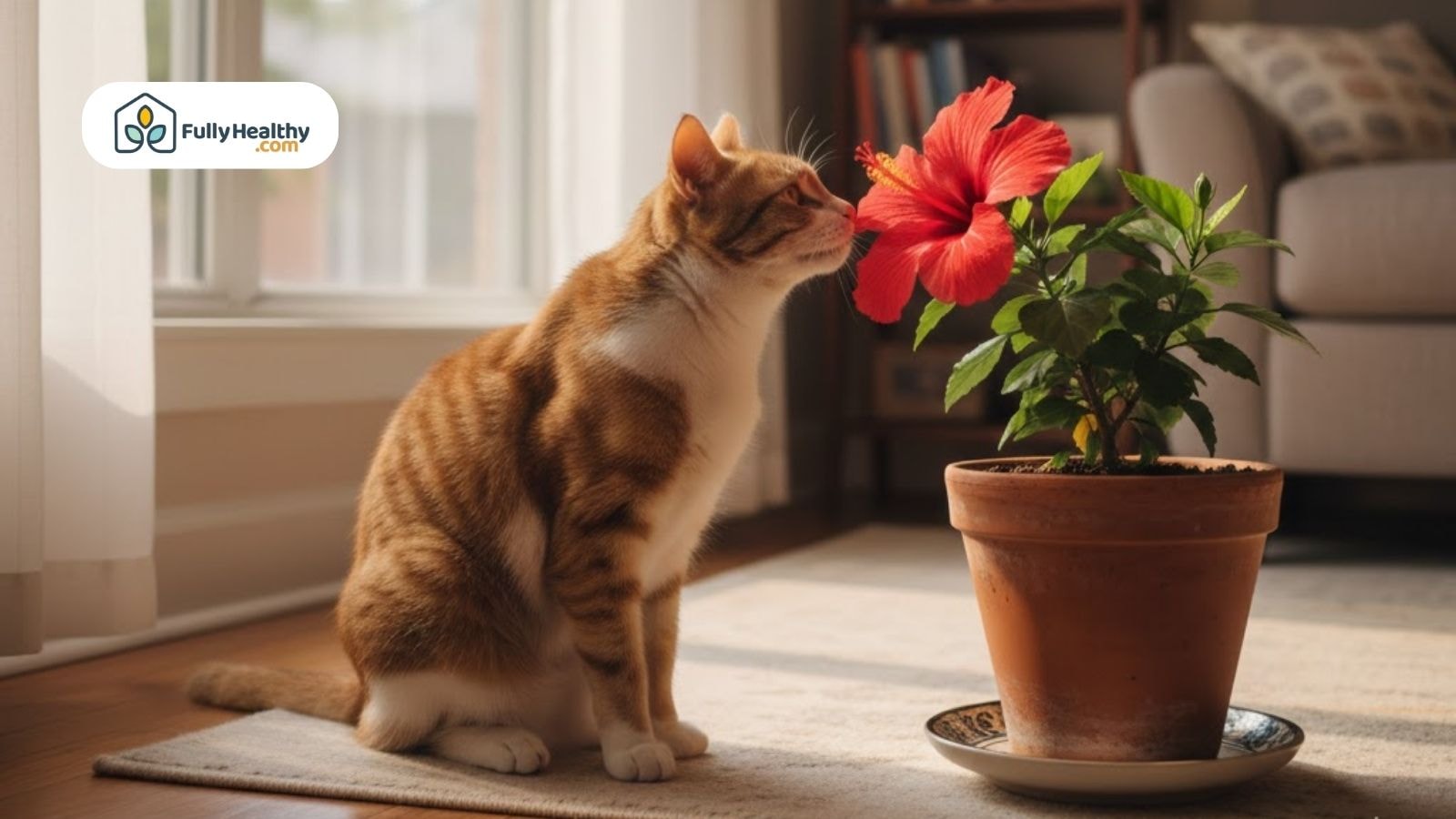 Indoor cat sniffing a red hibiscus flower in a pot near a sunny window.