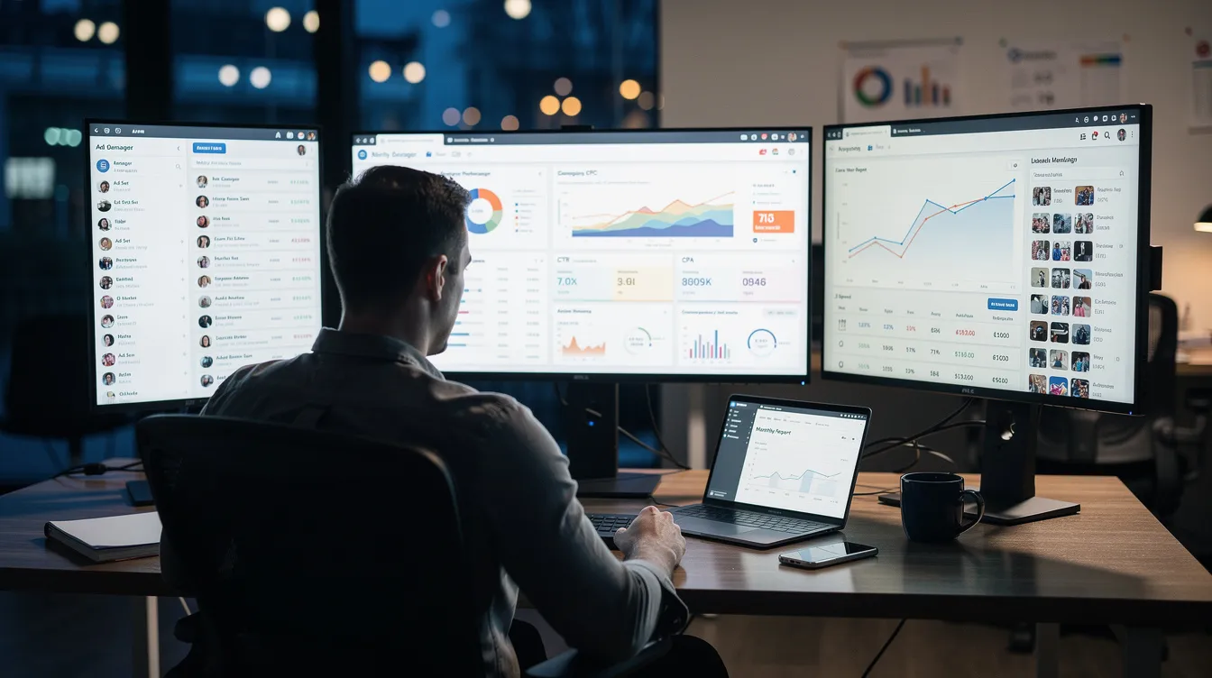 Een marketeer zit aan een bureau en analyseert advertentieprestaties op meerdere schermen, waarbij hij zich richt op zoekmachine adverteren (SEA) en de effectiviteit van verschillende campagnes. Op de schermen zijn grafieken en statistieken te zien die de prestaties van betaalde advertenties en organische zoekresultaten weergeven.