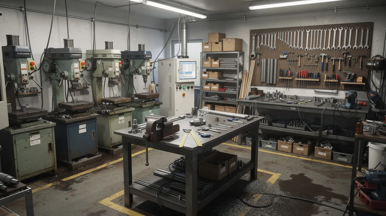 2bb09706 b8a5 47c6 98a4 78a106957d03 The image depicts the interior of a small manufacturing workshop filled with various machinery, tools, and workbenches, showcasing an environment conducive to micro enterprises engaged in production. This space exemplifies the type of business that may benefit from financial assistance through mudra loans, aimed at supporting eligible borrowers in developing their micro units.