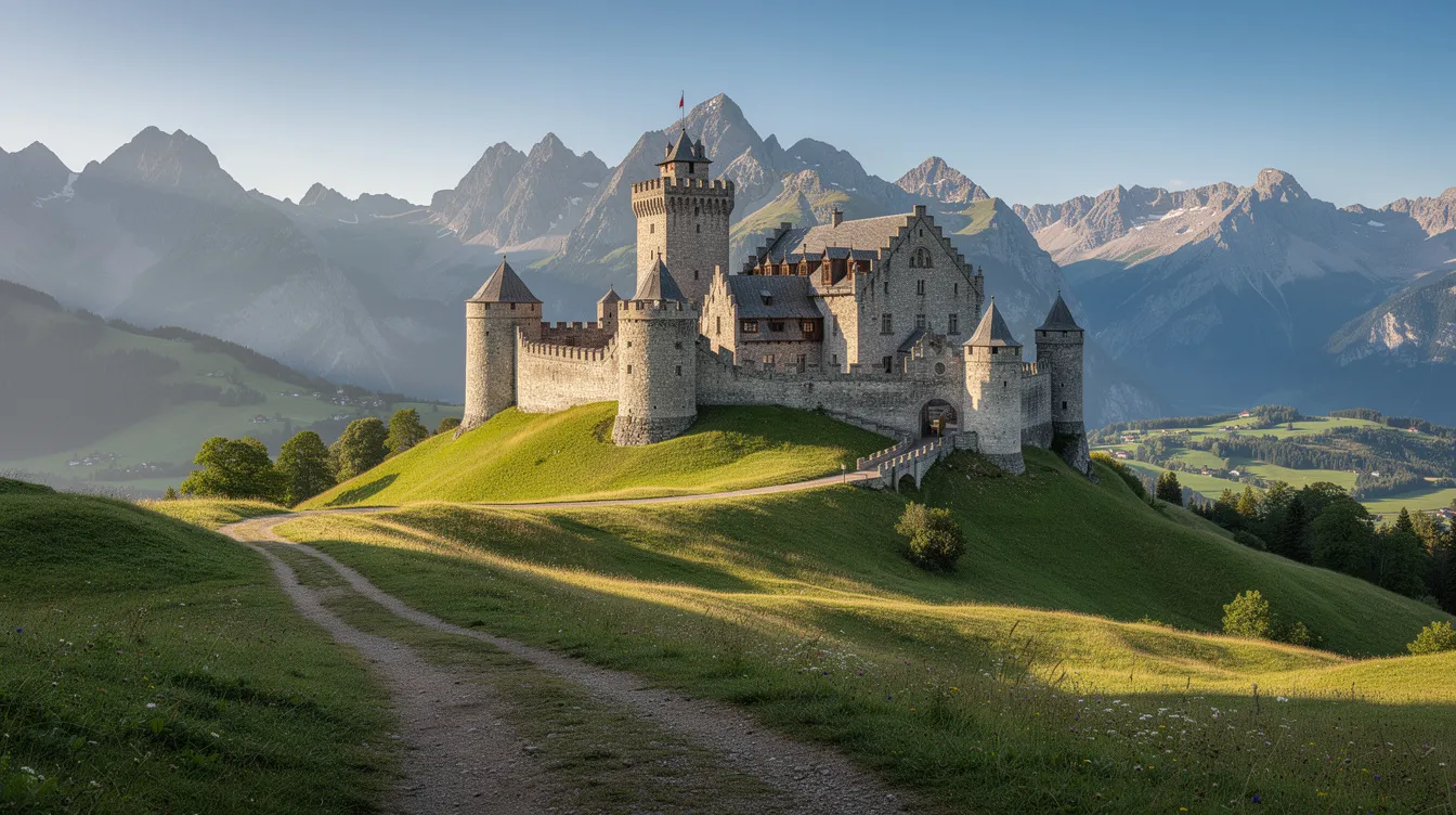 A imagem mostra uma vista panorâmica de um castelo medieval situado em colinas verdes, com majestosas montanhas alpinas ao fundo, representando um destino encantador na Europa Central. O cenário evoca a história e a beleza natural da região, ideal para quem aprecia viagens e atrações históricas.