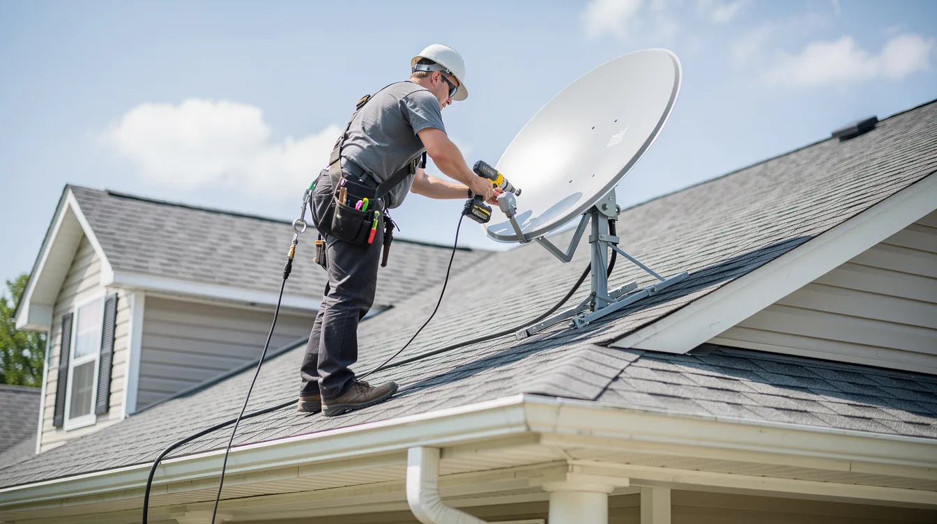 A technician is installing a satellite dish on a residential roof, showcasing the process of dstv installation services. The skilled professional is using necessary tools to ensure a reliable connection for enhanced viewing experience in Eerste River.