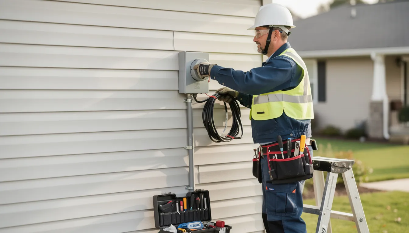 A professional electrician, dressed in work gear, is mounting a security camera system on the exterior wall of a building, demonstrating the installation process for outdoor security cameras. This installation aims to enhance safety and provide tailored security solutions for the property.