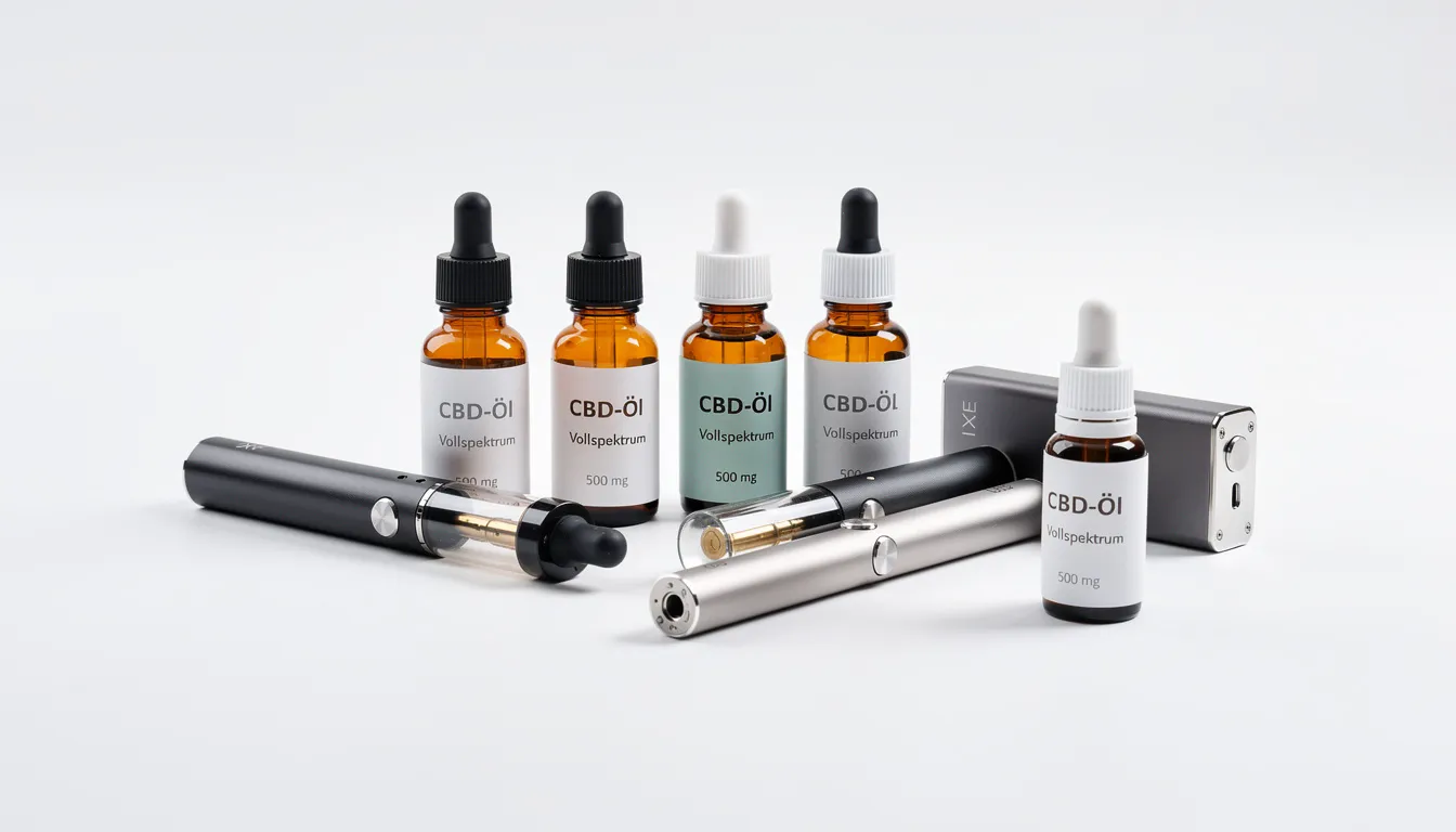 Auf einer minimalistischen weißen Oberfläche sind verschiedene Vape-Geräte und Flaschen mit CBD-Öl angeordnet, die die Vielfalt der Cannabisprodukte präsentieren. Die Anordnung zeigt eine Auswahl an Artikeln, die für Kunden von Interesse sein könnten, darunter auch Produkte mit unterschiedlichen Cannabinoiden.