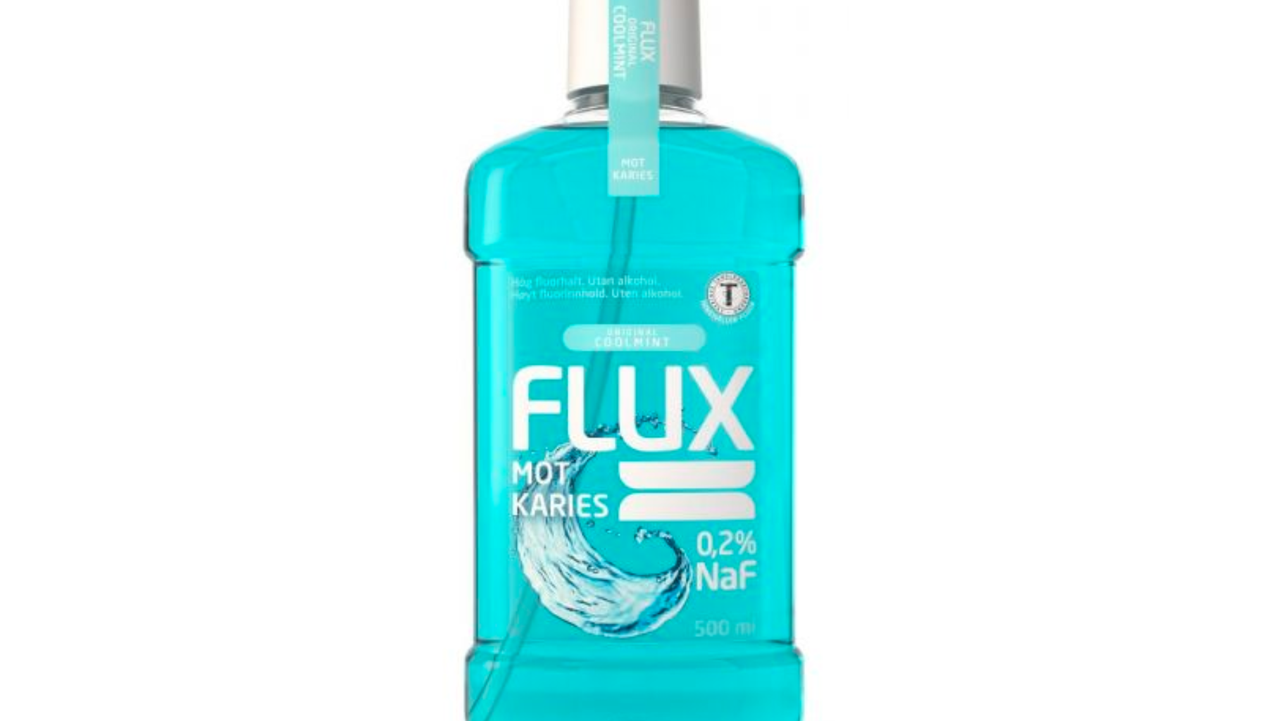Fluor munnskyllevann i turkis flaske, brukt for å forebygge hull i tennene.