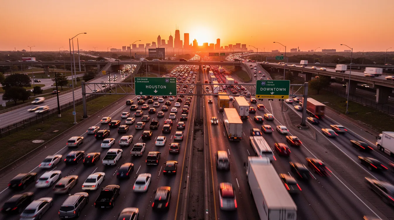La imagen muestra una autopista de Houston con tráfico intenso durante el atardecer, donde los vehículos se detienen y avanzan lentamente. Este escenario puede ser un recordatorio de la importancia de la responsabilidad en la conducción para evitar accidentes y muertes injustas en Houston.