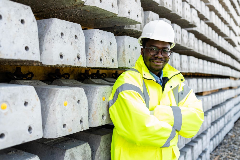 A railroad construction engineer standing by concrete sleepers which help streamline operations.