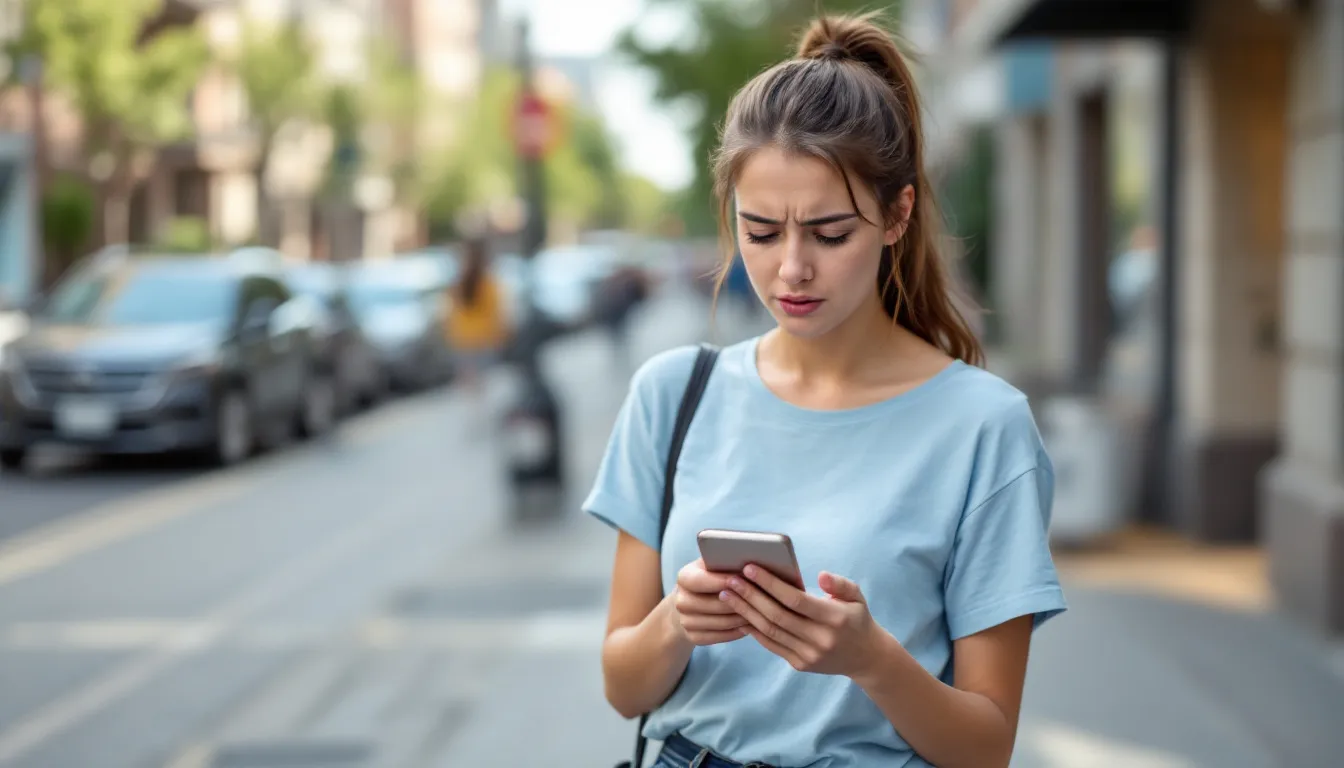 A frustrated person is holding a smartphone that displays no signal bars, indicating a major outage affecting their wireless service. This disruption may impact Verizon customers trying to make calls or connect to the internet, highlighting the inconvenience of service issues.