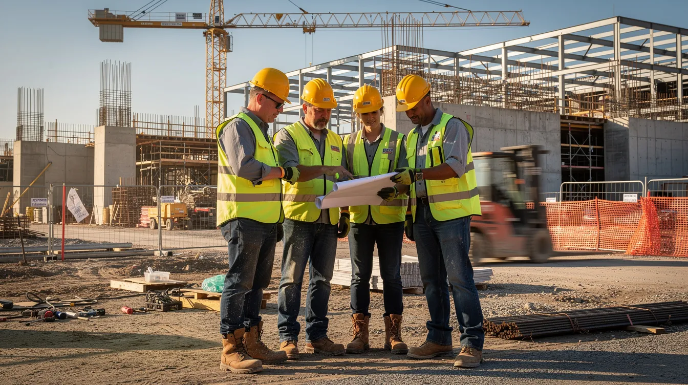 A group of construction workers in hard hats and safety vests review paperwork on an active commercial jobsite.