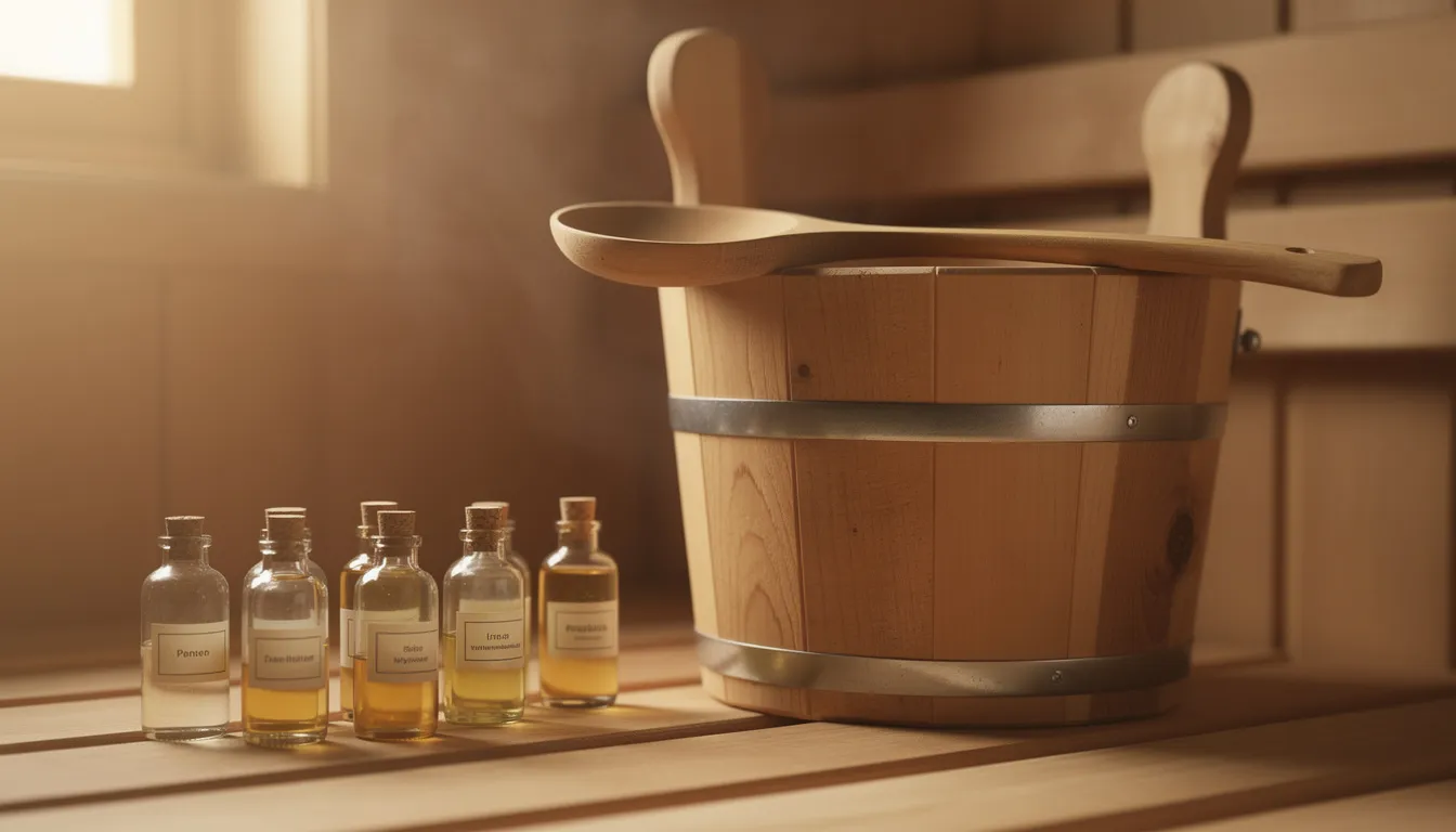 A wooden sauna bucket with a ladle sits on a wooden bench, accompanied by small glass bottles filled with high-quality essential oils like lavender, tea tree, and peppermint oil. These oils are perfect for enhancing the sauna experience through soothing aromas and potential health benefits, such as improving respiratory health and promoting relaxation.