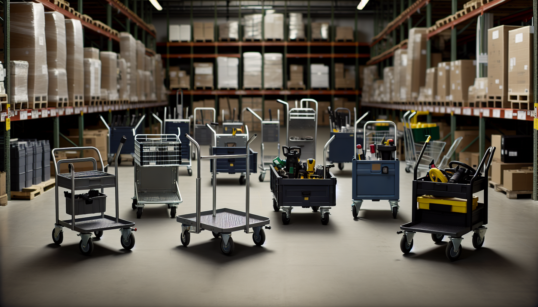 Various utility carts in a warehouse setting