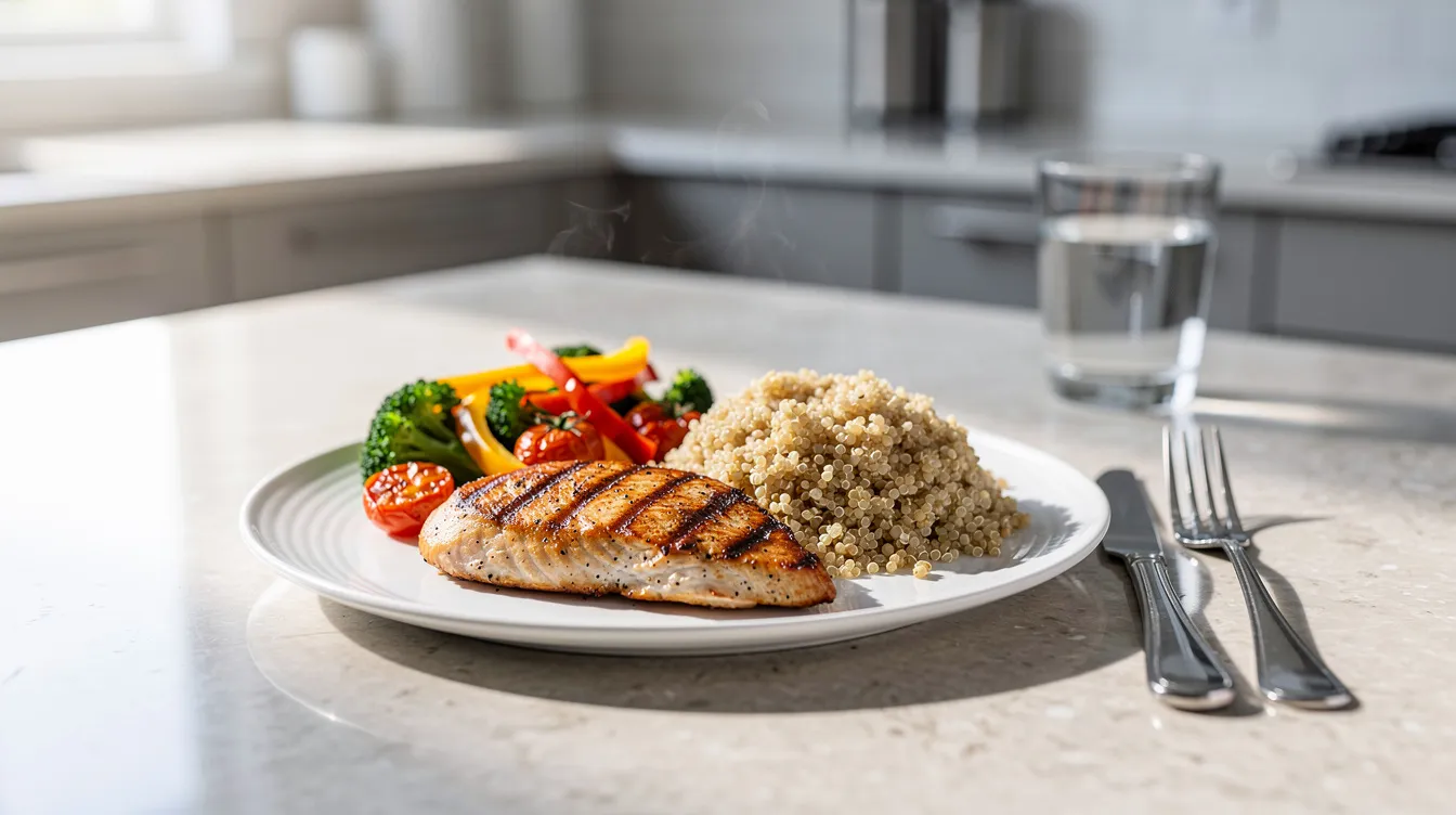 The image depicts a kitchen counter featuring a protein-rich meal comprised of grilled chicken, quinoa, and a vibrant mix of colorful vegetables on a plate, promoting a healthy diet that can contribute to muscle tissue development and overall well-being. This balanced meal is essential for maintaining energy levels and preventing chronic diseases, supporting a lifestyle that encourages longevity and physical activity.