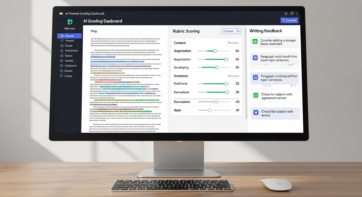 AI-powered grading dashboard showing rubric-based scoring and writing feedback.