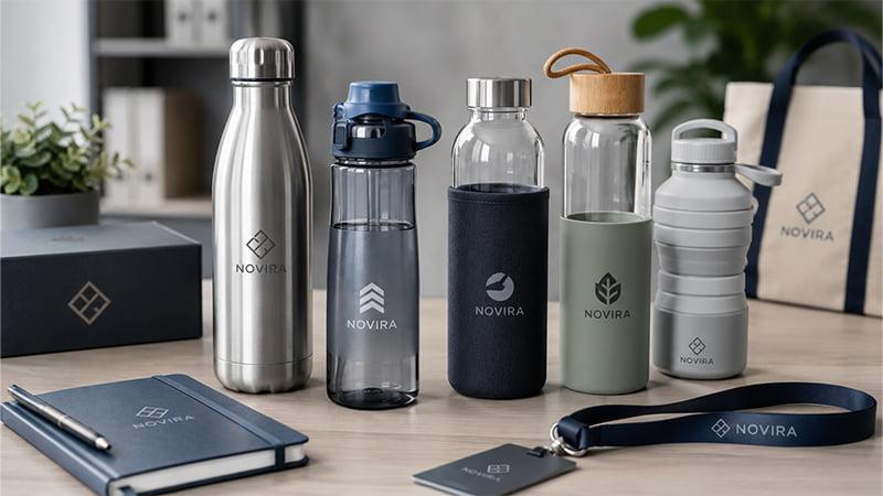 Branded water bottle styles with logo options for corporate gifts, events, travel kits, and promotional campaigns