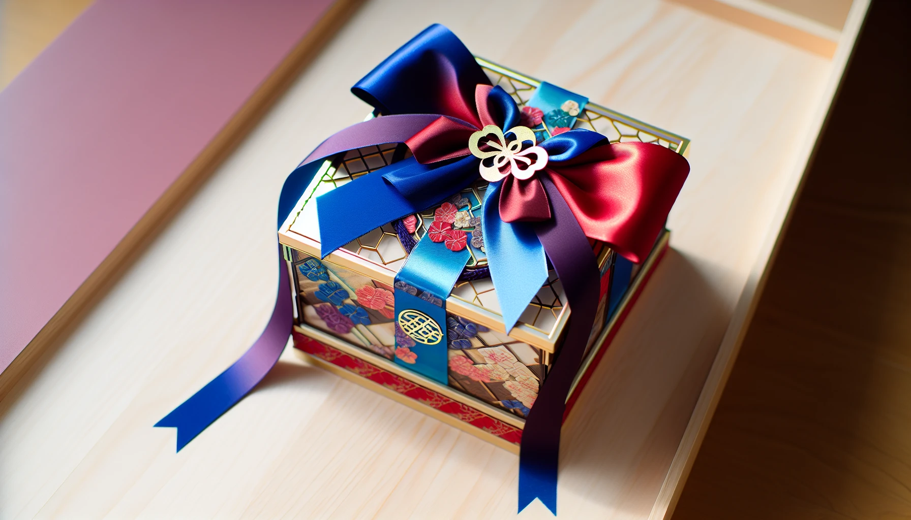 Customized bento cake box with decorative ribbons and personalized message