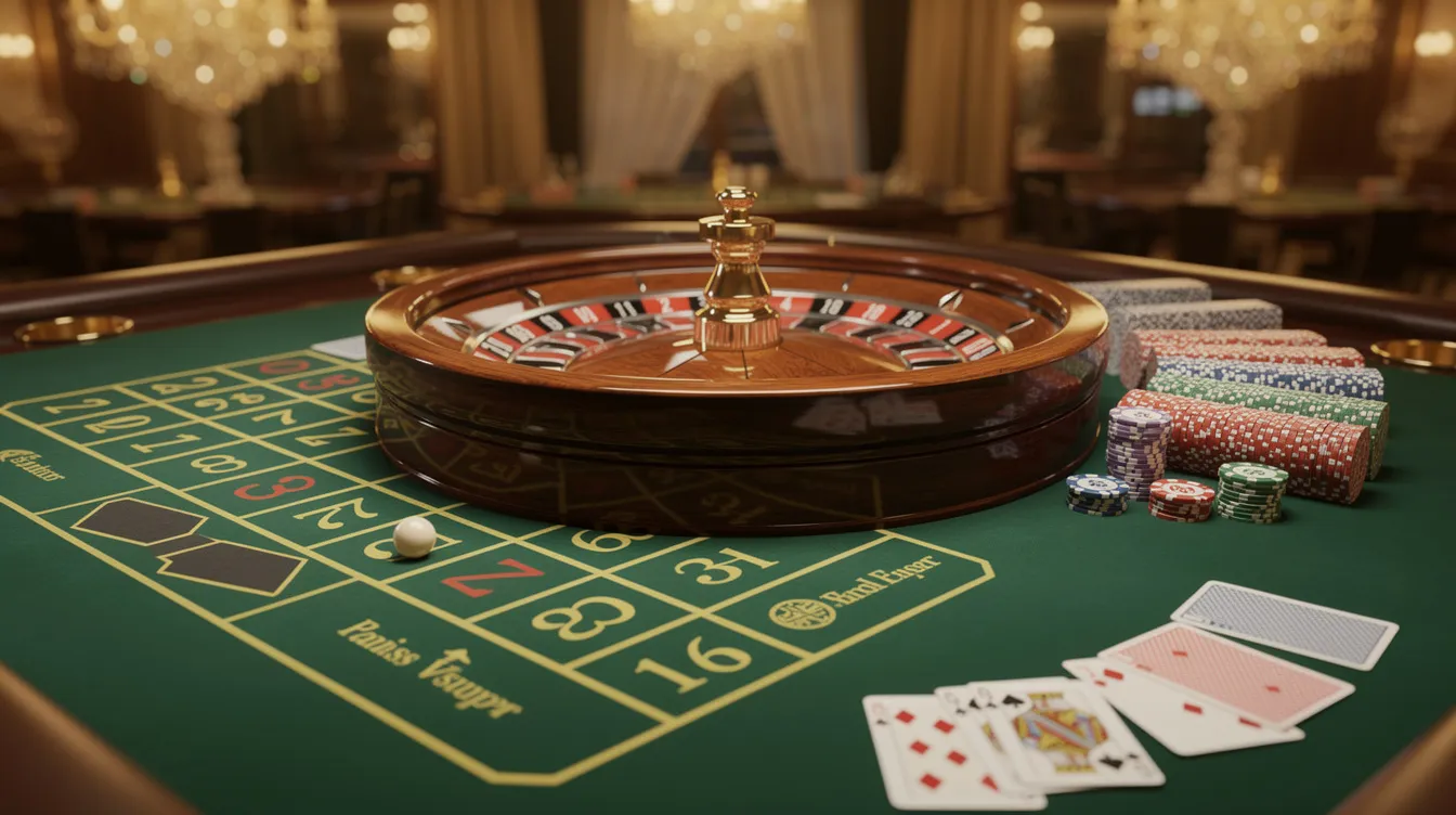 Das Bild zeigt einen eleganten Casino-Tisch, auf dem ein Roulette-Rad und Spielkarten in einem stilvollen Ambiente platziert sind. Die Atmosphäre vermittelt ein Gefühl von Luxus und Spannung, ideal für Spieler, die das Erlebnis in einem Online Casino oder einem Live Casino suchen.