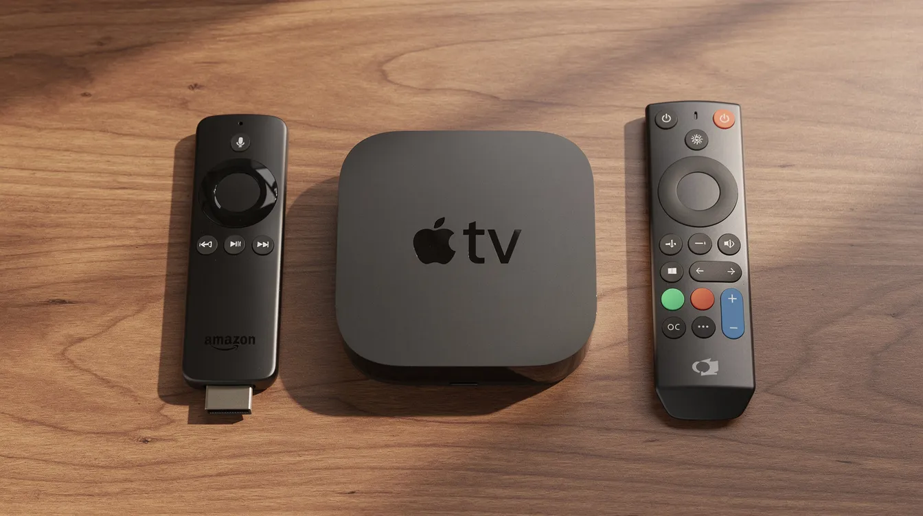 The image features various streaming devices, including an Amazon Firestick, an Apple TV box, and an Android TV remote, all neatly arranged on a wooden table, showcasing essential tools for accessing IPTV services and live TV channels. These devices enhance smart TV experiences, allowing users to enjoy movies, sports, and premium channels with ease.