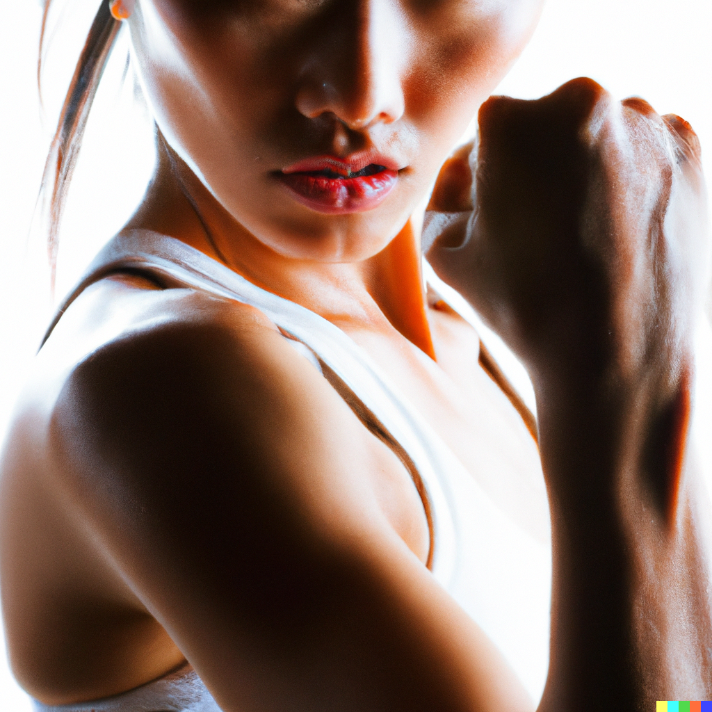a photo of a female athlete with toned muscles making a fist