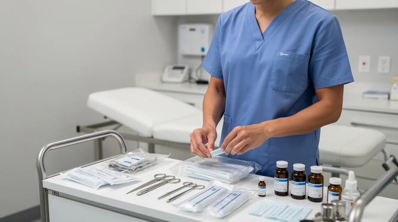 A clinician is seen preparing treatment supplies in a clean, private room, ready to perform a non-surgical butt lift using biocompatible substances like poly L lactic acid. The environment reflects a focus on safety and optimal results for patients seeking natural-looking enhancements.