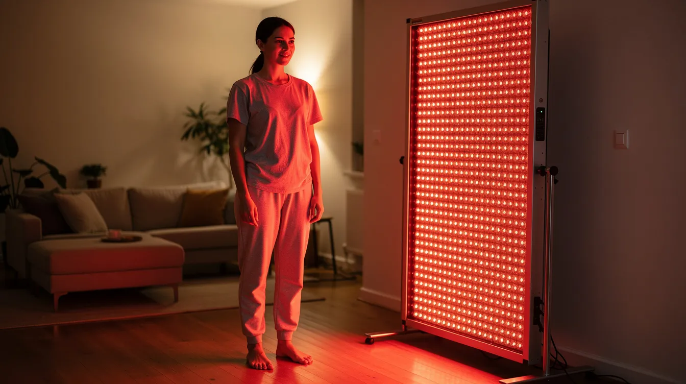 A person stands in front of a red light therapy panel in a cozy home setting, utilizing the benefits of red light therapy to potentially enhance skin health, stimulate blood flow, and support overall well-being as part of the Bryan Johnson blueprint protocol for longevity. The warm glow of the panel suggests a focus on improving cardiovascular health and promoting muscle recovery.