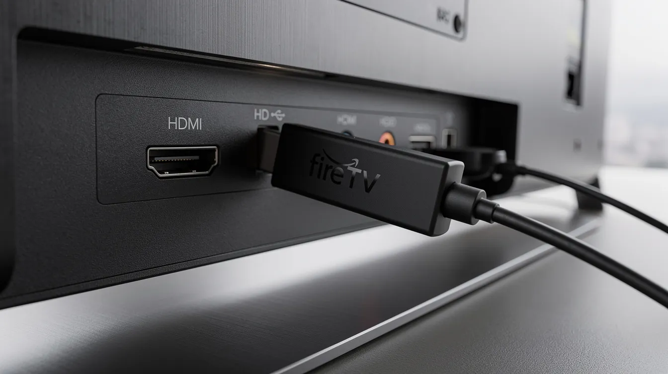 A close-up view of a Fire TV Stick plugged into the HDMI port of a modern flat-screen television, showcasing the sleek design of the device that provides access to a variety of streaming services and live TV channels. This setup allows users to enjoy unlimited entertainment and high-quality streaming from the comfort of their home.