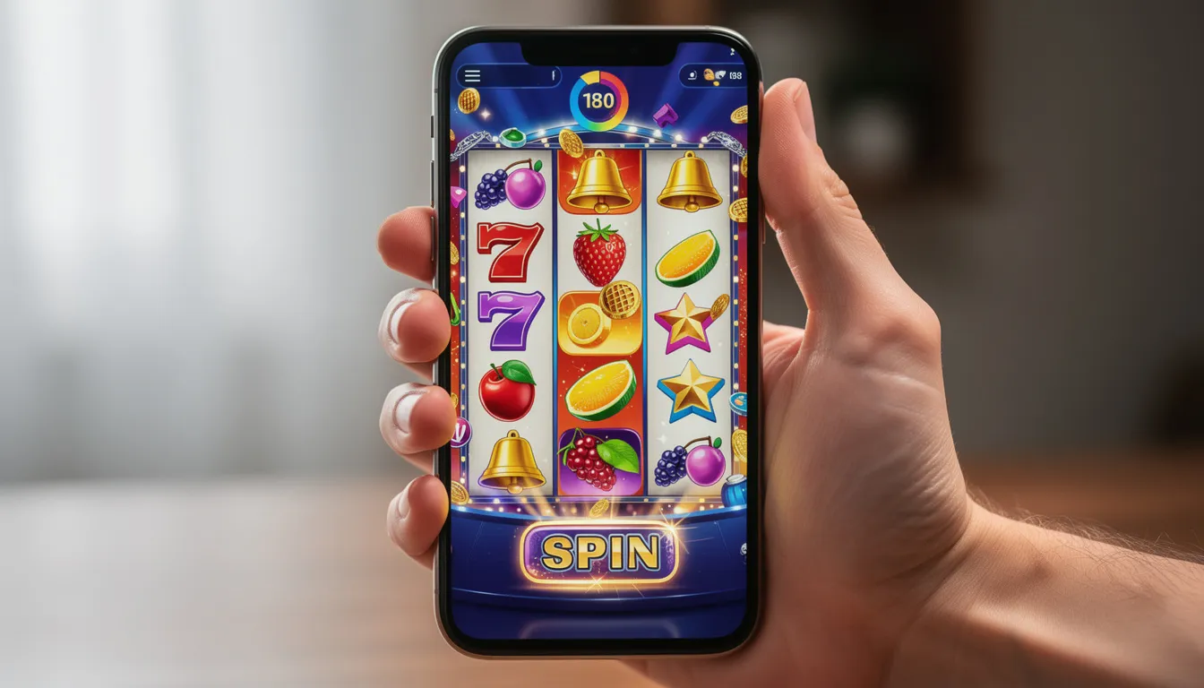 En modern smartphone hålls i en hand och visar färgglada symboler från en slotspel, vilket skapar en inbjudande känsla av online casino och spelande. Skärmen kan innehålla kända spel som "Starburst" eller "Gonzo's Quest", vilket lockar spelare med möjligheten till free spins och stora vinster.