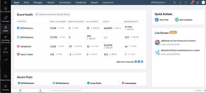 Zoho Social analytics inside of Zoho marketing plus