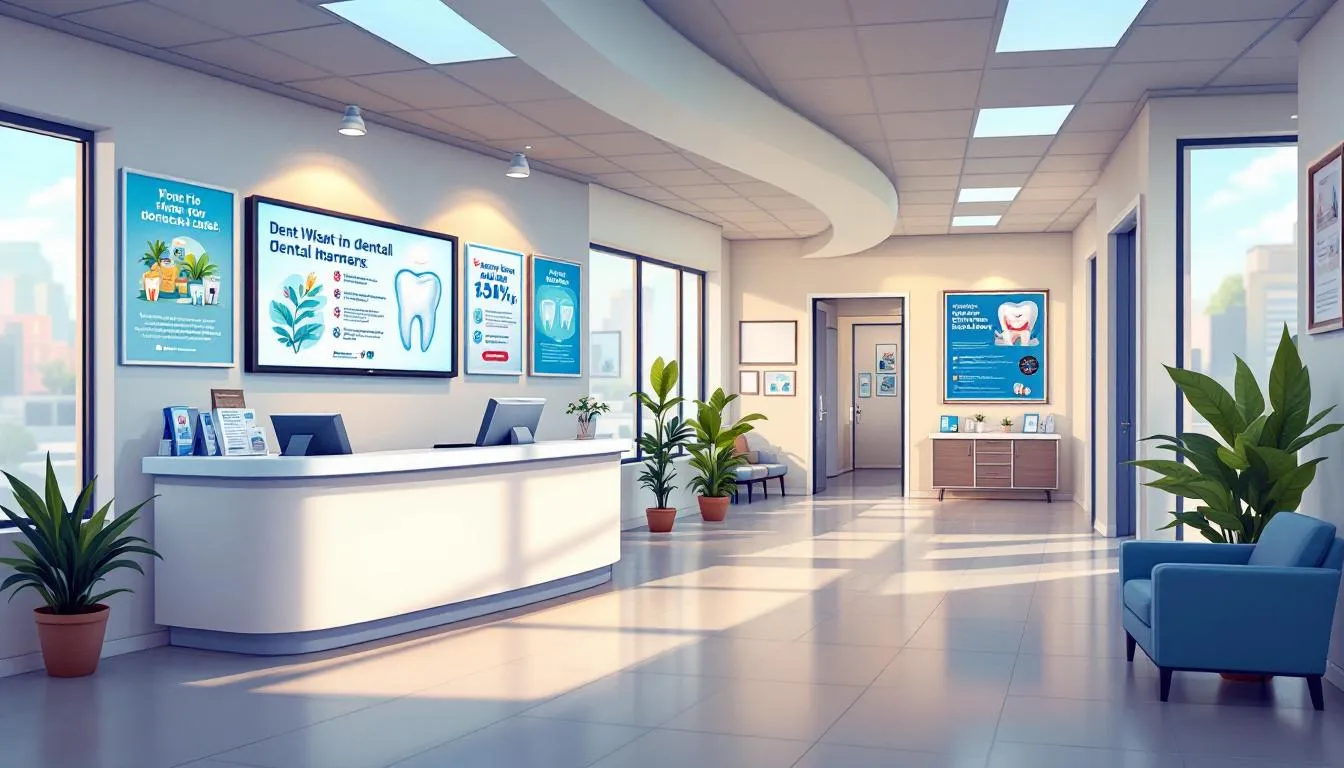 The image showcases a modern dental practice with a sleek design and a welcoming atmosphere, emphasizing the importance of effective dental marketing strategies. It highlights various dental services offered, such as teeth whitening and dental implants, while promoting the significance of SEO for dentists to enhance online visibility and attract potential patients through local search results.