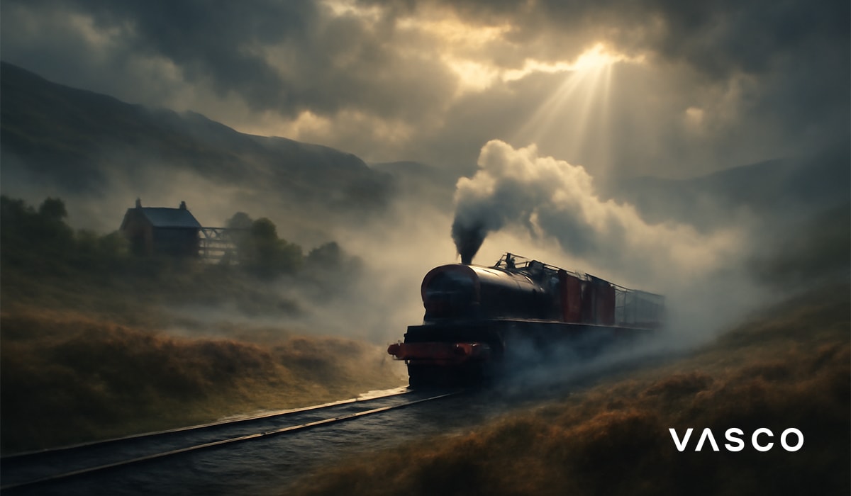  Un train à vapeur sombre, entouré d'une épaisse fumée, roule sur des rails dans un paysage de montagnes brumeuses, sous un ciel nuageux percé de rayons de soleil.