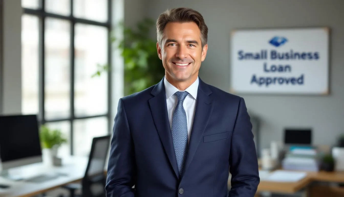 A confident small business owner stands proudly, having successfully secured a small business loan, which reflects their strong credit and commitment to growth. This moment highlights the importance of financing options such as SBA loans and competitive interest rates for small businesses.