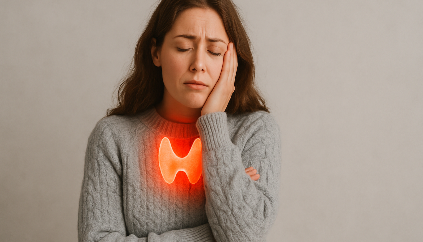 Trøtt kvinne med lukket øyne og urolig uttrykk, holder hånden til ansiktet, med lysende skjoldbruskkjertel på halsen.