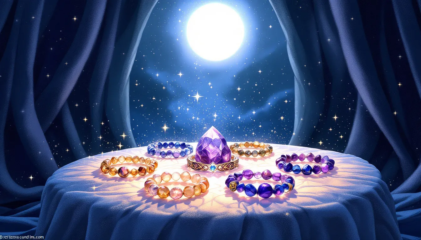 2bc9d477 4312 4262 aa4c 9f688e0c54f0 A selection of healing stone bracelets laid out for choosing the right one.