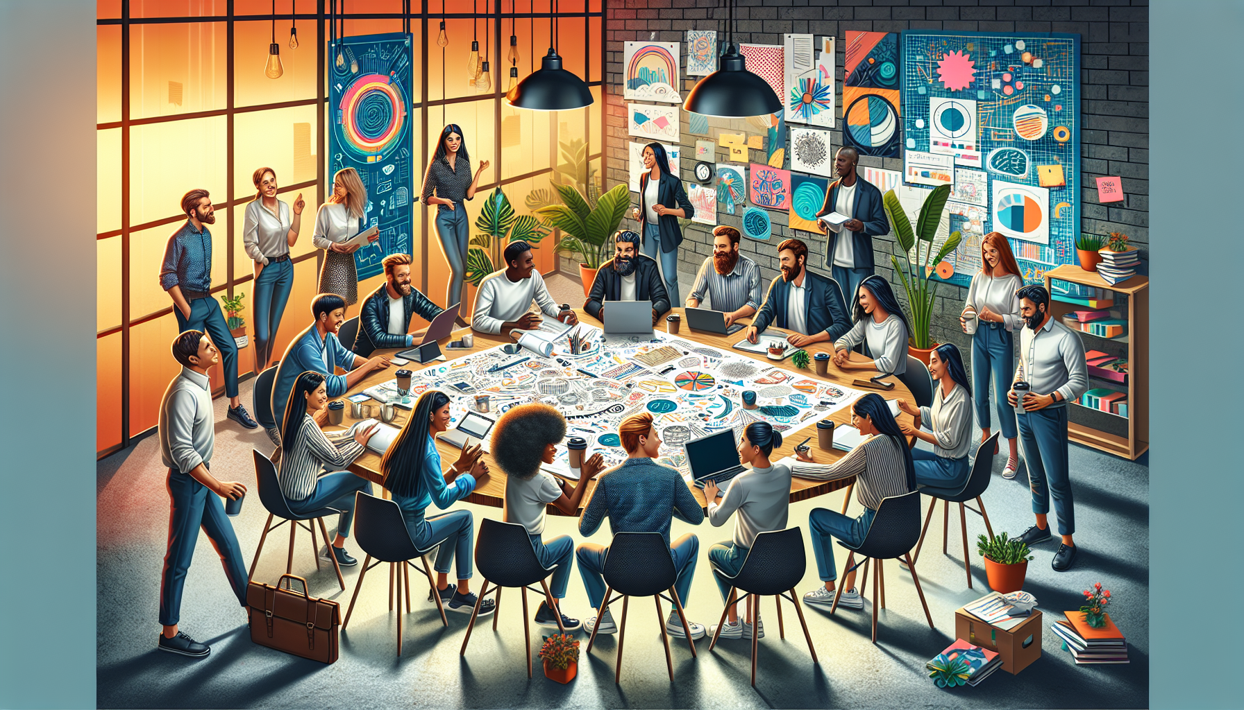 Illustration of diverse group of employees collaborating in a positive work environment