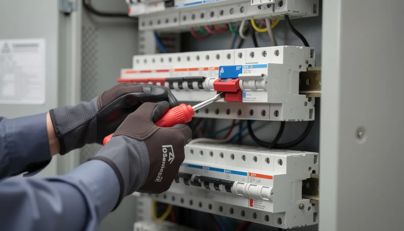 A person's hands are holding an insulated screwdriver near an electrical panel, where the breaker is switched to the off position, indicating a focus on electrical connections and safety during maintenance. This scene is essential for ensuring the proper operation of appliances like sauna heaters, which require careful handling to extend their lifespan.