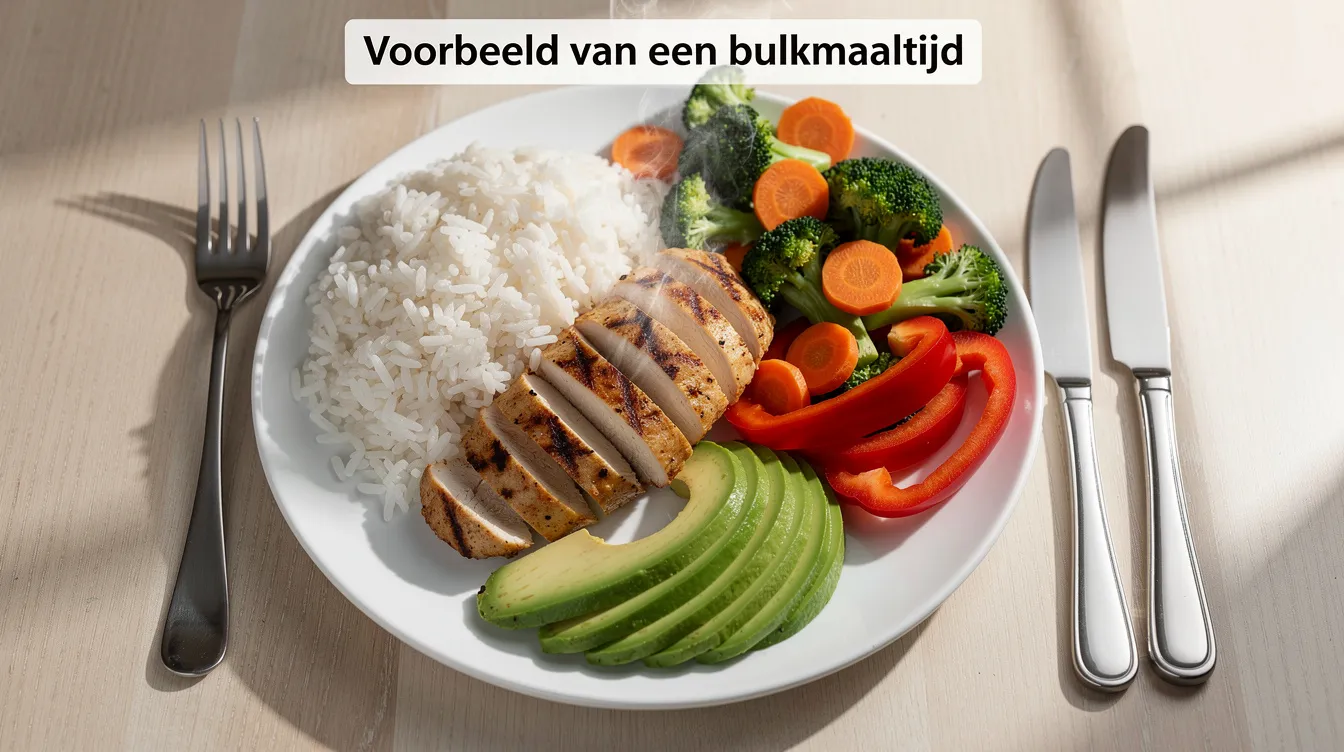 Een bord met rijst, gegrilde kip, verse groenten en avocado, ideaal voor een bulkmaaltijd om spiermassa op te bouwen. Deze maaltijd bevat complexe koolhydraten en gezonde vetten, perfect voor degenen die willen bulken en voldoende eiwitten willen binnenkrijgen.