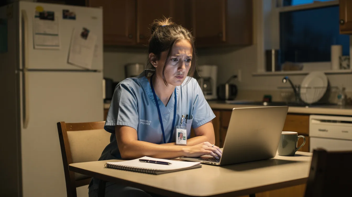 The image depicts a nurse sitting at a kitchen table, surrounded by a laptop and a notebook, reflecting on her long shift. She represents the many healthcare professionals navigating the unique challenges of pursuing a BSN degree while managing student debt and exploring financial aid options for career advancement.