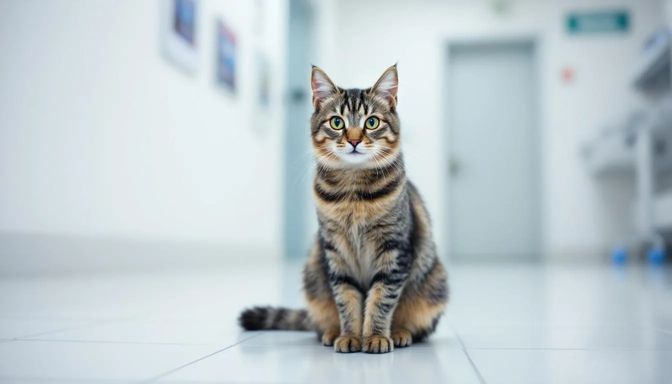 Een kat zit op de onderzoekstafel bij de dierenarts, terwijl de dierenarts een lichamelijk onderzoek uitvoert om mogelijke oorzaken van blaasontsteking bij katten te identificeren. De kat vertoont symptomen zoals veelvuldig likken en klagelijk miauwen, wat kan wijzen op een bacteriële blaasontsteking of andere onderliggende oorzaken.