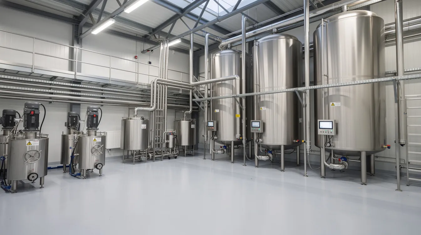 The image depicts a modern stainless steel dairy processing facility, featuring large milk silos and extensive industrial piping, essential for the milk powder manufacturing process. This facility is indicative of the advanced technology used in the milk powder industry to ensure efficient production and quality control of dairy products.