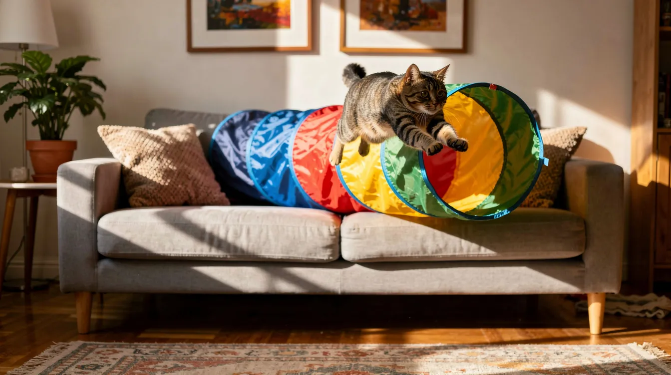 A playful cat is leaping through a colorful fabric tunnel that is stretched behind a couch in a cozy, well-decorated apartment, showcasing its energetic nature. This scene highlights the cat's love for indoor exercise and play, perfect for high energy indoor cats.