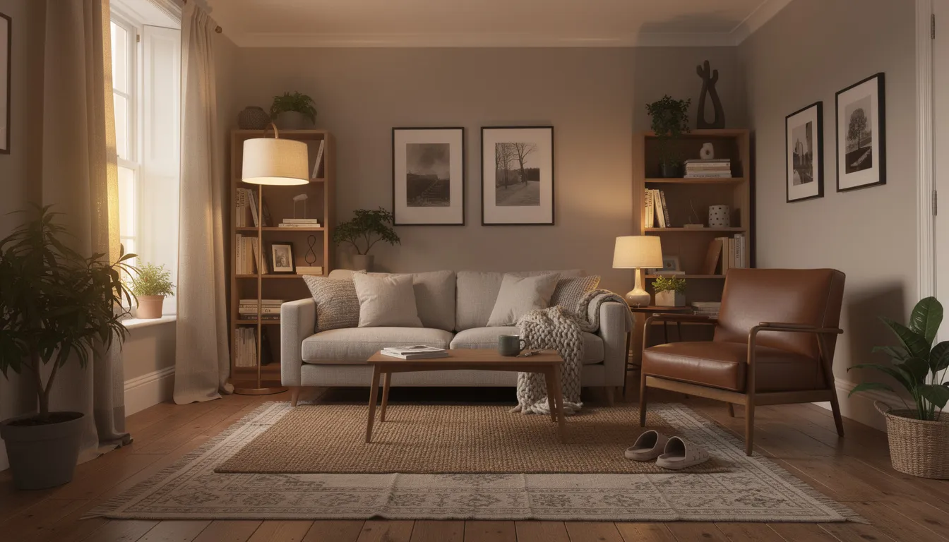 The image depicts a cosy UK terrace house living room, featuring a stylish sofa and a dining table surrounded by comfortable chairs, all illuminated by warm lighting. Layered textures and a mix of affordable and premium furniture pieces create a welcoming living space, perfect for relaxation and socializing.