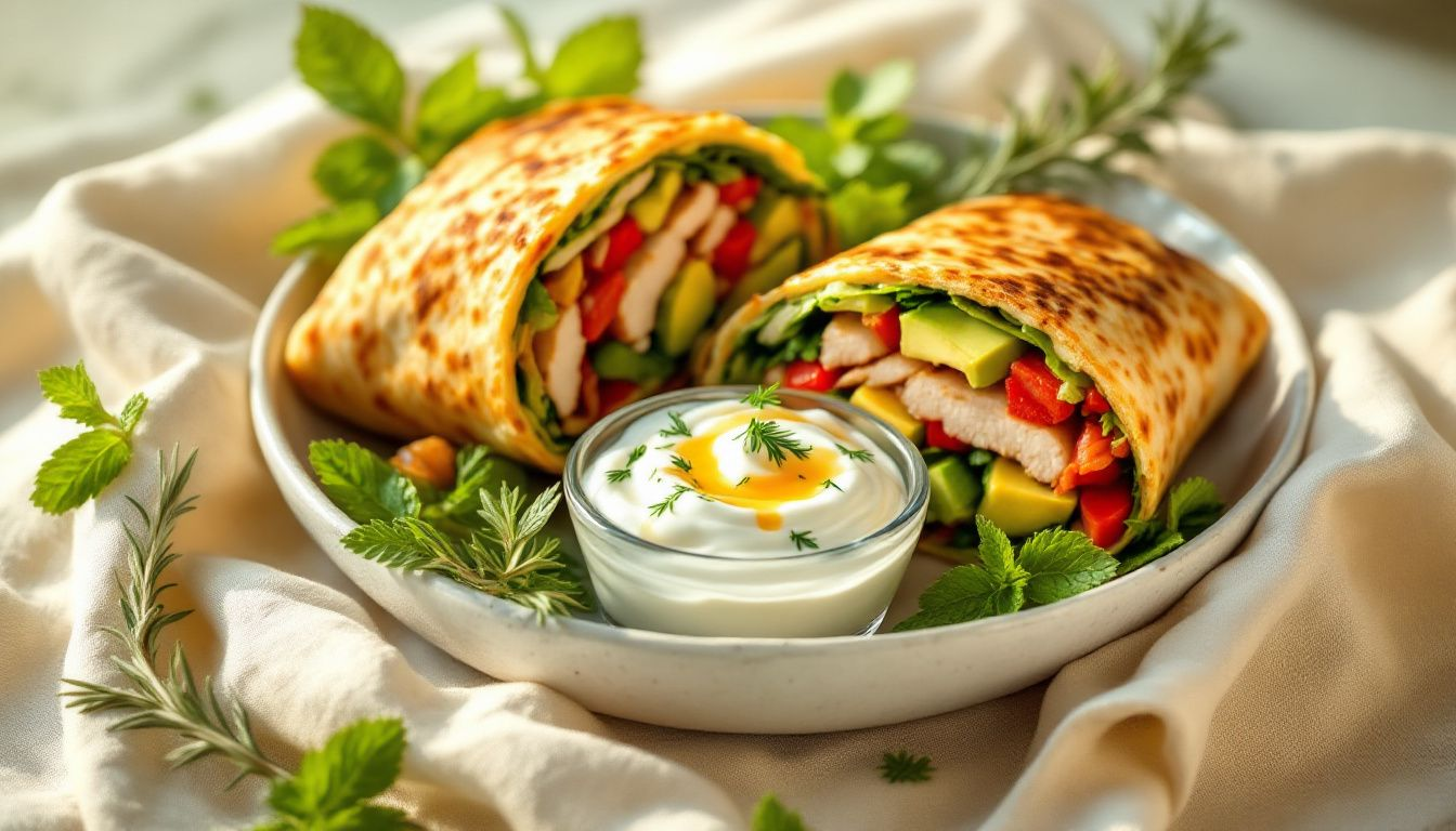 Protein Wraps, die mit einem Joghurt-Dip serviert werden.