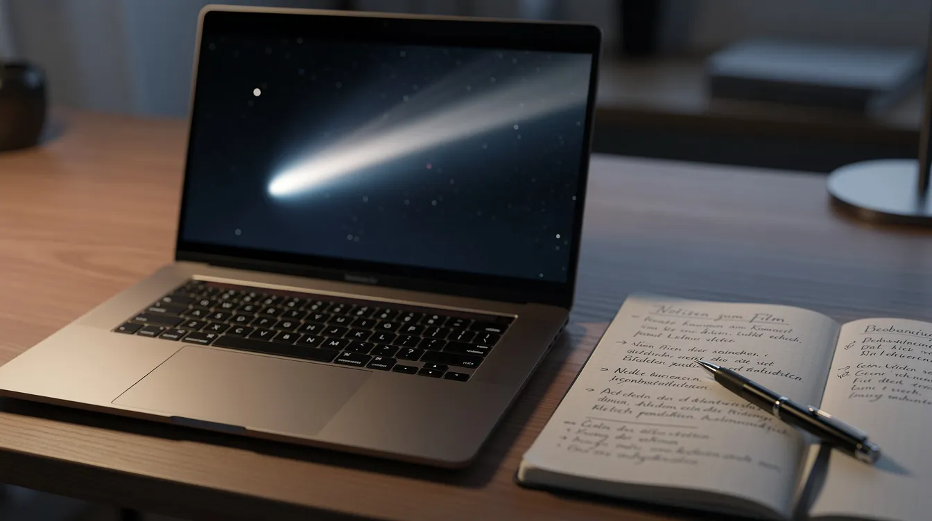 Auf dem Schreibtisch liegt ein aufgeklappter Laptop, auf dessen Bildschirm ein Film mit einem leuchtenden Kometen zu sehen ist, während daneben ein aufgeschlagenes Notizbuch mit handschriftlichen Notizen und ein Stift liegen. Diese Szene könnte eine Filmanalyse zu dem Netflix-Film "Don't Look Up" darstellen, der sich mit den Themen Wissenschaft und Menschheit auseinandersetzt.