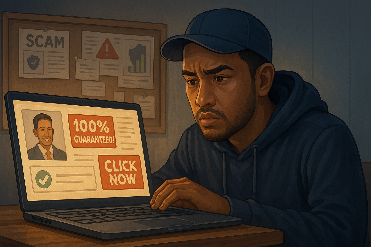 A semi-realistic digital illustration depicts a young Malaysian man scrutinizing scammy betting tips on his laptop, with a bulletin board behind him showing warning signs and fake stats. Ideal visual for articles on detecting online betting scams using InsightsBet.