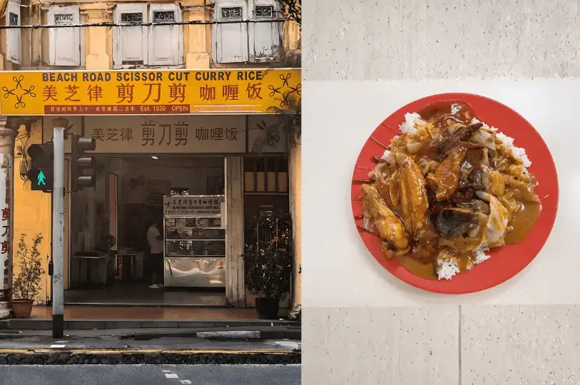 A split photo displaying the vintage street-style storefront of Beach Road Scissor Cut Curry Rice, next to a generous, messy plate of traditional Singaporean scissors cut curry rice drenched in savory sauces.